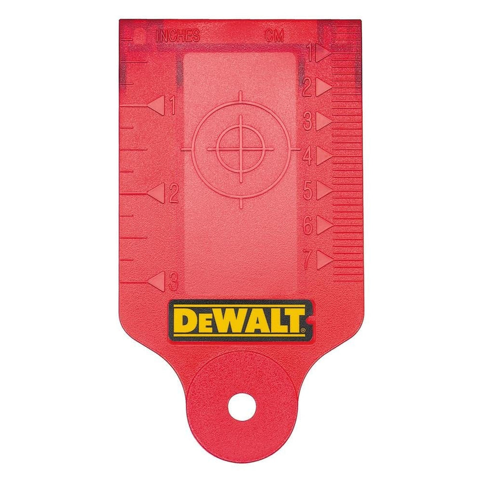 DEWALT DW0730 red laser target card featuring a magnetic base for hands-free attachment to steel studs and ceiling grids with integrated inch and centimeter measurement scales for precise laser alignment.
