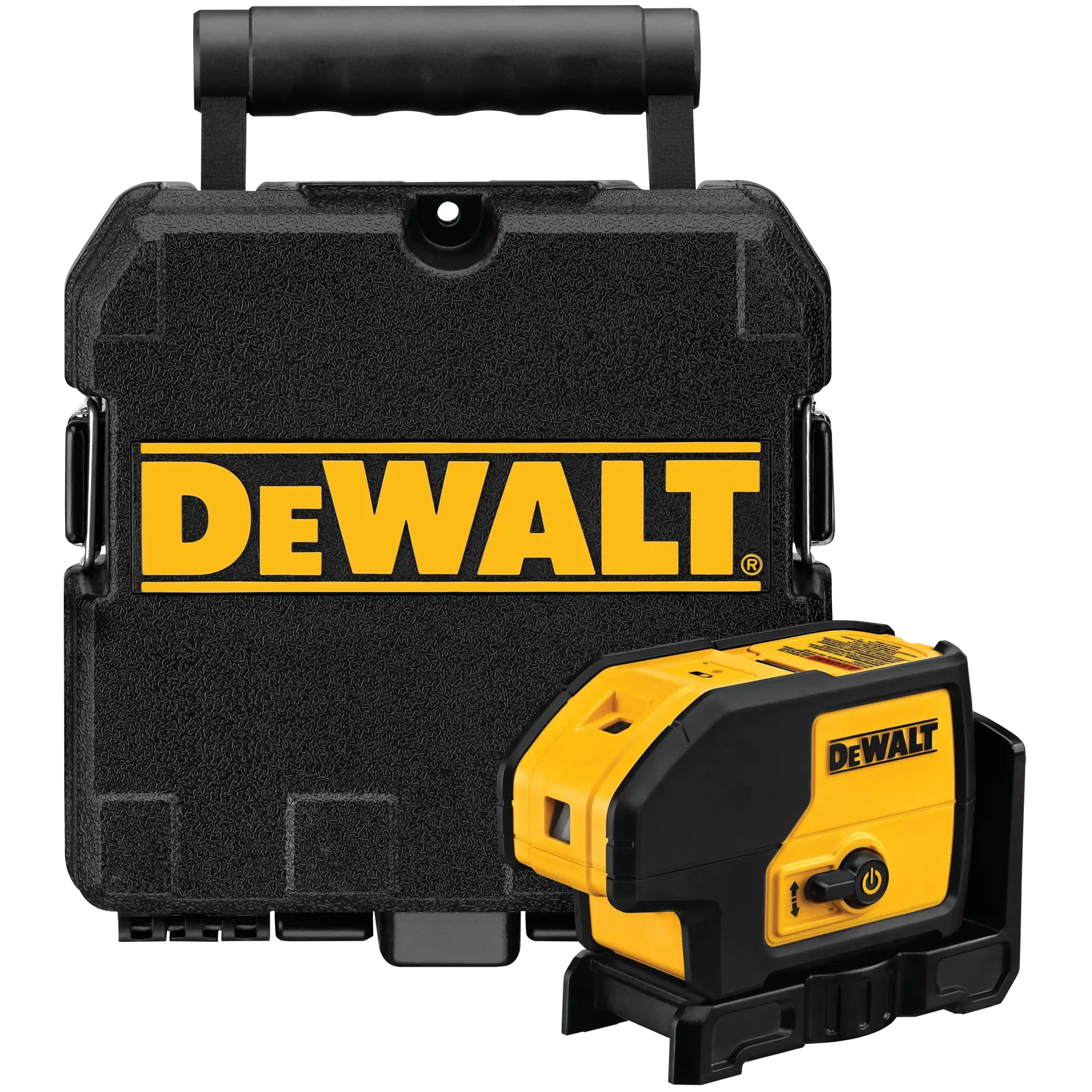 DEWALT DW083K 3-beam spot laser pointer level displayed next to its included heavy-duty black plastic carrying case with the yellow DEWALT logo.