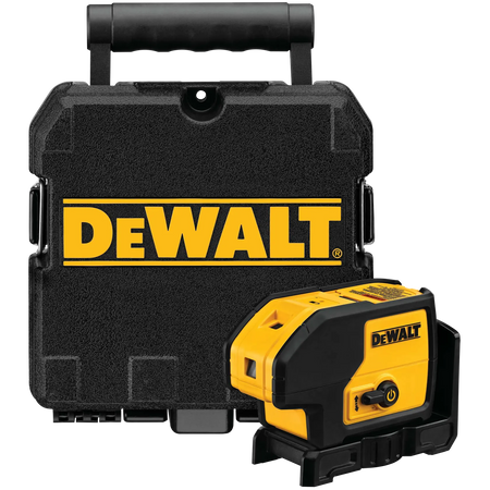 DEWALT DW083K 3-beam spot laser pointer level displayed next to its included heavy-duty black plastic carrying case with the yellow DEWALT logo.