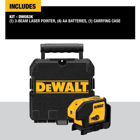 Infographic listing the contents of the DEWALT DW083K kit, showing the 3-beam laser pointer, the heavy-duty carrying case, and noting that 4 AA batteries are included.