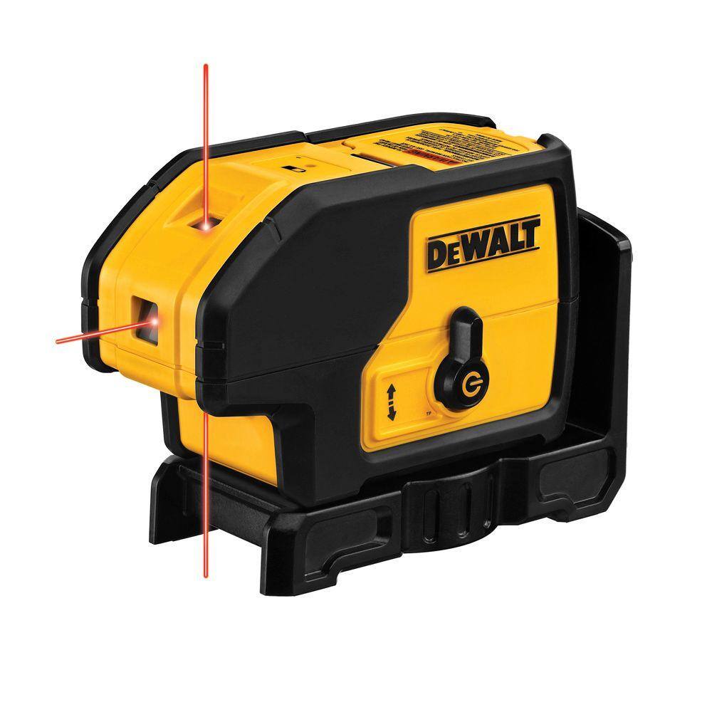 Angled view of the DEWALT DW083K 3-beam spot laser level with red lines illustrating the laser emitting straight up, straight down, and horizontally out of the front.