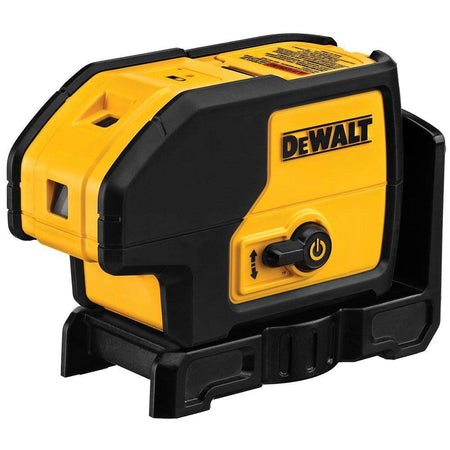 Close-up angled view of the rugged DEWALT DW083K spot laser pointer, highlighting the single-lever power switch that also functions as the internal pendulum lock.
