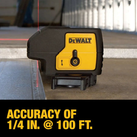 DEWALT DW083K 3-beam laser level placed on a concrete floor next to metal track, with an overlay text highlighting its professional accuracy of 1/4 inch at 100 feet.