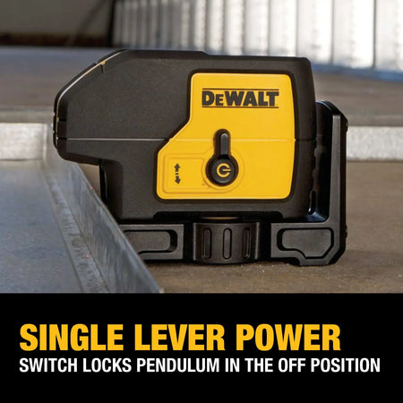 Close-up of the DEWALT DW083K spot laser level showing the single lever power switch in the locked position, which secures the internal pendulum during transport.