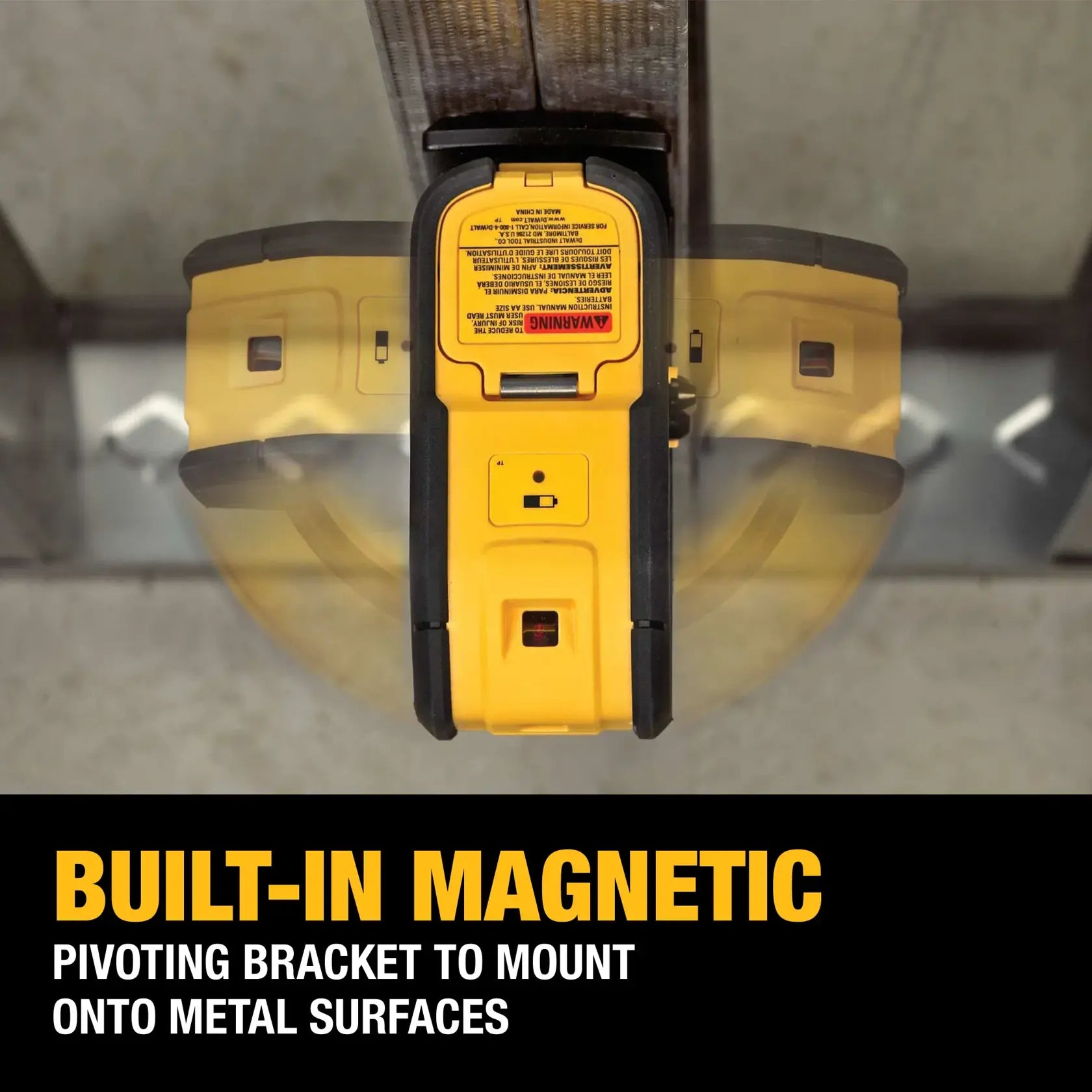Top-down view of the DEWALT DW083K spot laser level mounted to a metal track, demonstrating how the built-in magnetic pivoting bracket swings to adjust the laser angle.