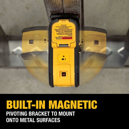 Top-down view of the DEWALT DW083K spot laser level mounted to a metal track, demonstrating how the built-in magnetic pivoting bracket swings to adjust the laser angle.
