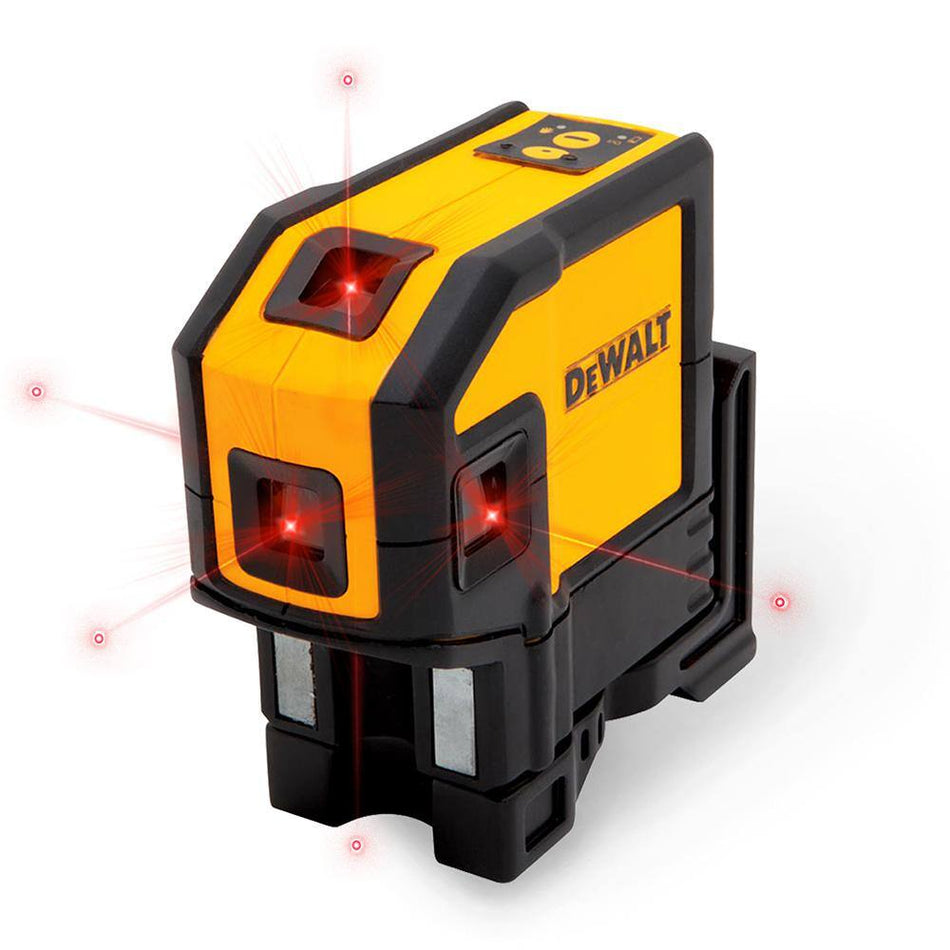 Perspective view of the DEWALT DW0851 Self-Leveling Red Laser Level projecting five bright spot beams and a rear horizontal line, demonstrating its capability for precision plumb point transfer and vertical alignment.