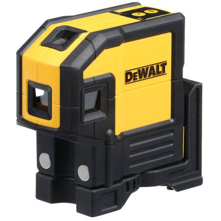 Front angled perspective of the DEWALT DW0851 Combination Laser highlighting the powerful magnets and the specialized design featuring raised clearance for accurate wall track layout.