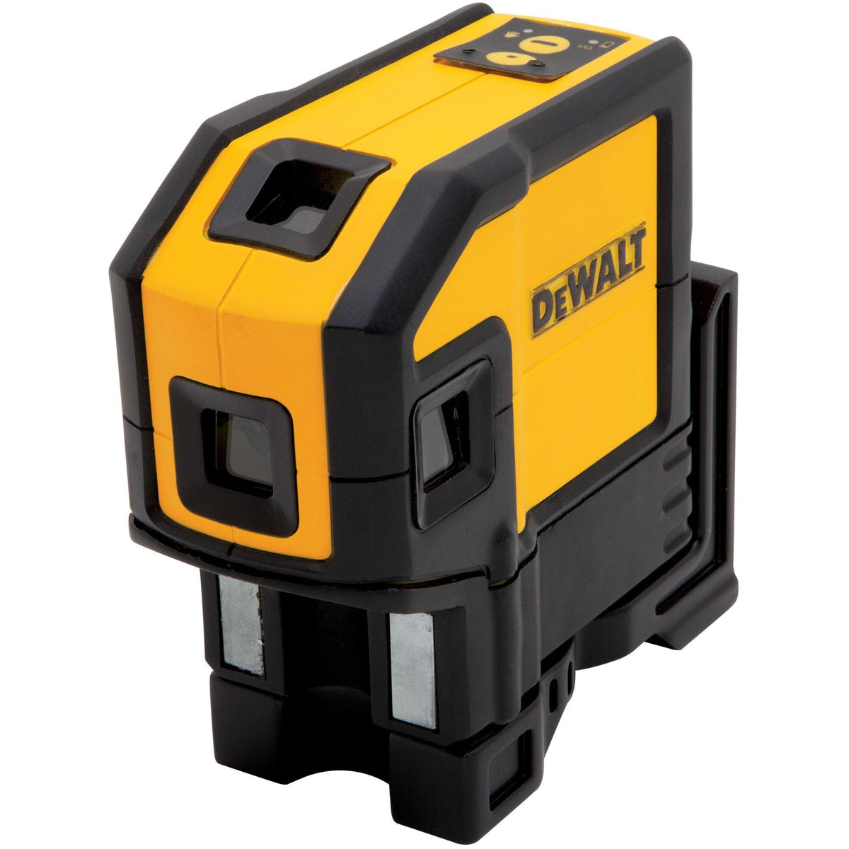 Angled studio shot of the DEWALT DW0851 layout laser level showing the rugged yellow and black construction, front-mounted magnets, and the protective glass apertures for the precision red laser beams.