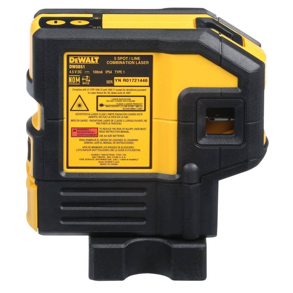 Back perspective of the DEWALT 5-Spot and Line Laser showing the side-mounted laser apertures and the rugged overmolded housing built for durability in commercial construction environments.