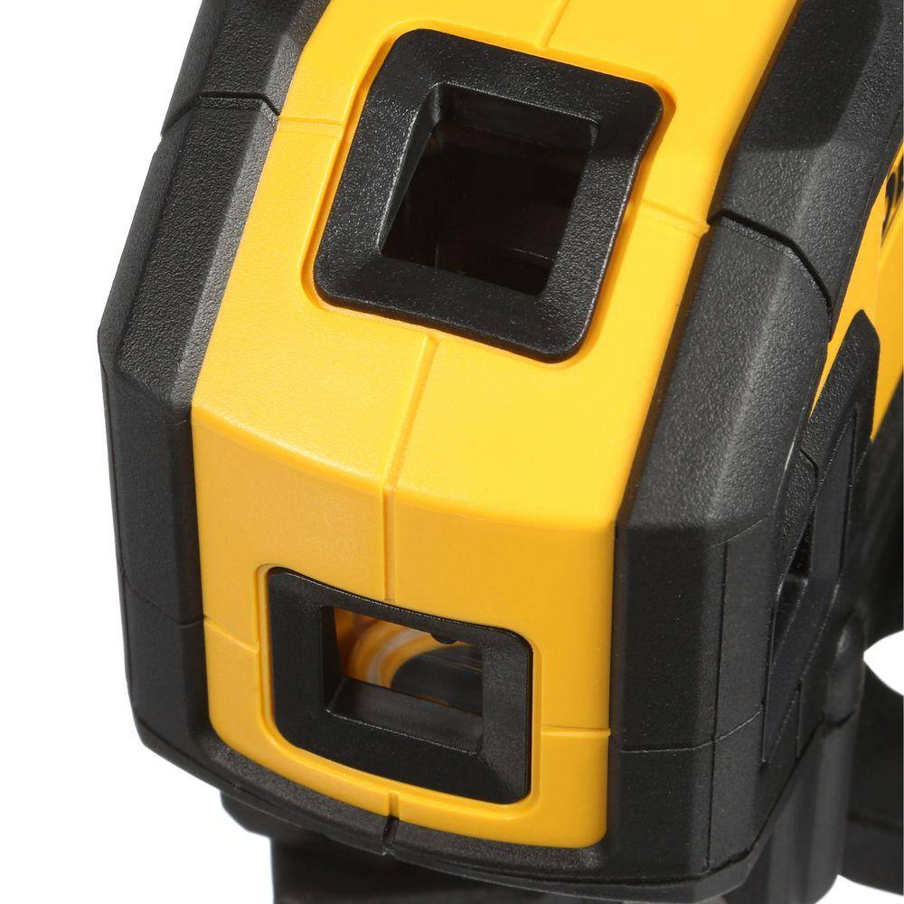 Close-up detail of the DEWALT DW0851 laser diode apertures, focusing on the vertical and horizontal exit windows that project bright red beams for professional alignment and layout.