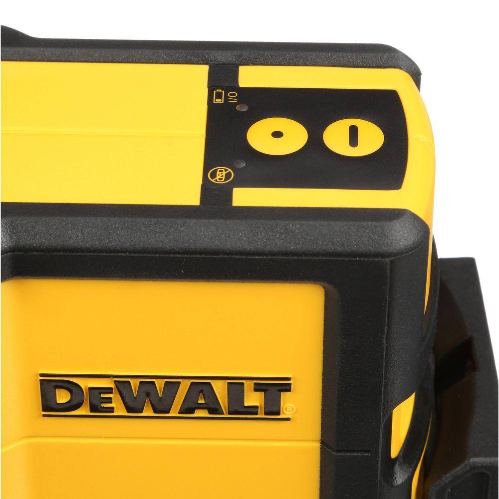 Macro view of the DEWALT branding and control panel on the Red Beam Laser, showcasing the high-visibility yellow housing and the intuitive icons for beam selection and power management.