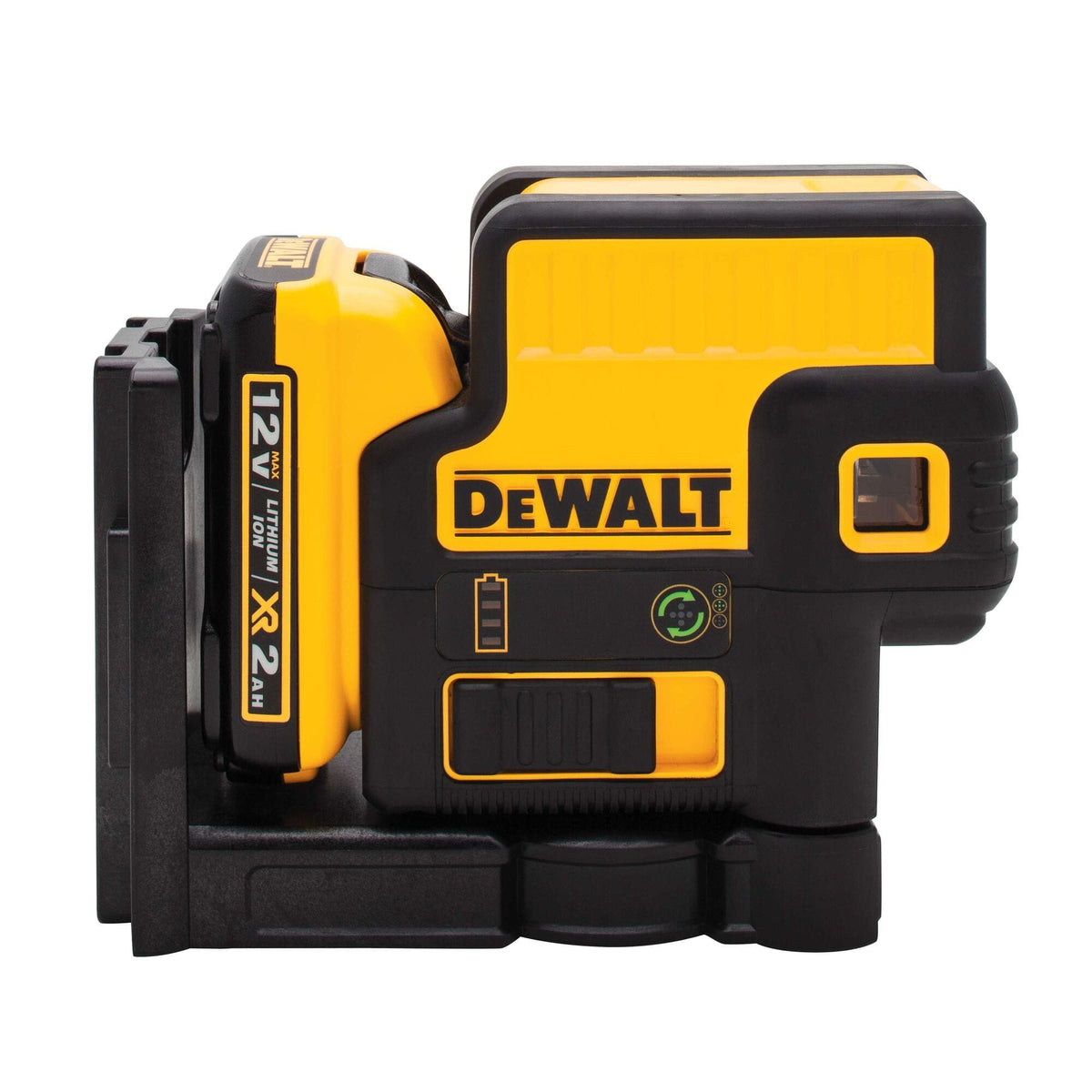 Side profile of the DEWALT DW085LG 12V MAX 5 Spot Green Laser Level, showcasing the high-visibility yellow housing, integrated magnetic bracket, and 12V MAX battery connection.