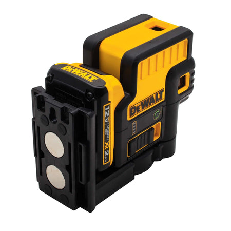 Rear perspective of the DEWALT DW085LG laser level focusing on the 12V MAX lithium-ion battery interface and the rugged industrial design optimized for jobsite durability.