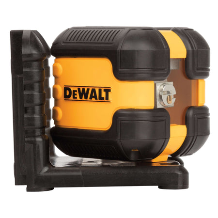 Side perspective of the DEWALT DW08802 Self-Leveling Red Cross Line Laser Level mounted on its integrated magnetic bracket, showing the rugged overmold housing and the high-visibility laser diode aperture for professional layout.