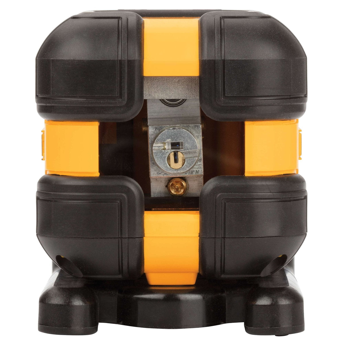 Front view of the DEWALT Red Cross Line Laser Level highlighting the self-leveling pendulum mechanism and the protective vertical glass window used for projecting bright plumbing lines.