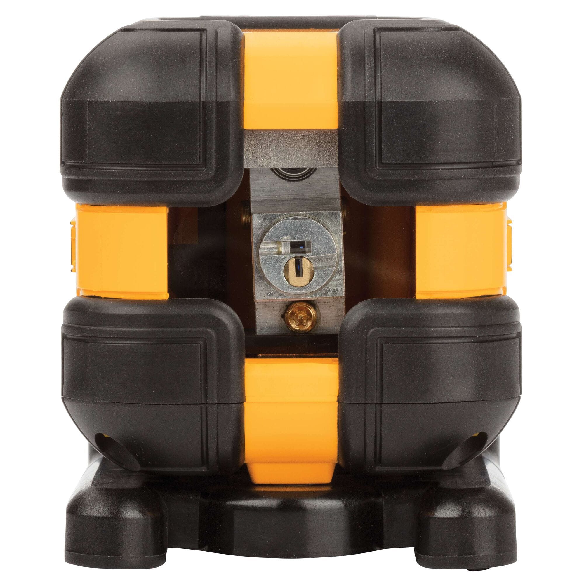 Front view of the DEWALT Red Cross Line Laser Level highlighting the self-leveling pendulum mechanism and the protective vertical glass window used for projecting bright plumbing lines.