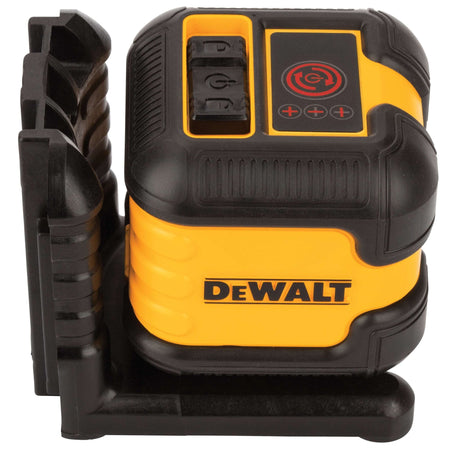High-angle view of the DEWALT DW08802 control panel, showcasing the high-visibility icons, power indicators, and the durable locking pendulum switch used to protect internal components during transport.