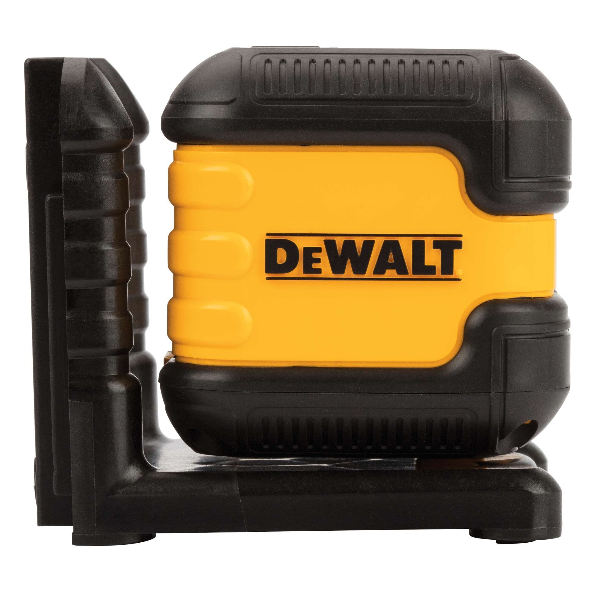 Profile shot of the DEWALT DW08802 layout tool, illustrating the compact design and the integrated magnetic pivoting base that allows for easy attachment to metal studs and tracks.