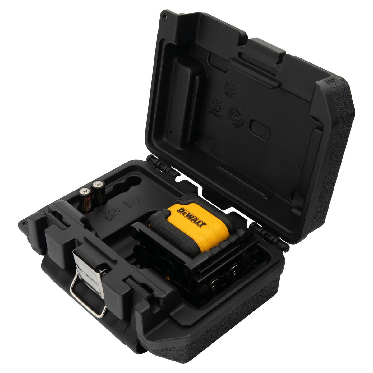 The DEWALT DW08802 Red Cross Line Laser kit shown inside its rugged black hard-shell carrying case, complete with AA batteries and custom-molded storage compartments for jobsite protection.