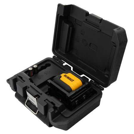 The DEWALT DW08802 Red Cross Line Laser kit shown inside its rugged black hard-shell carrying case, complete with AA batteries and custom-molded storage compartments for jobsite protection.