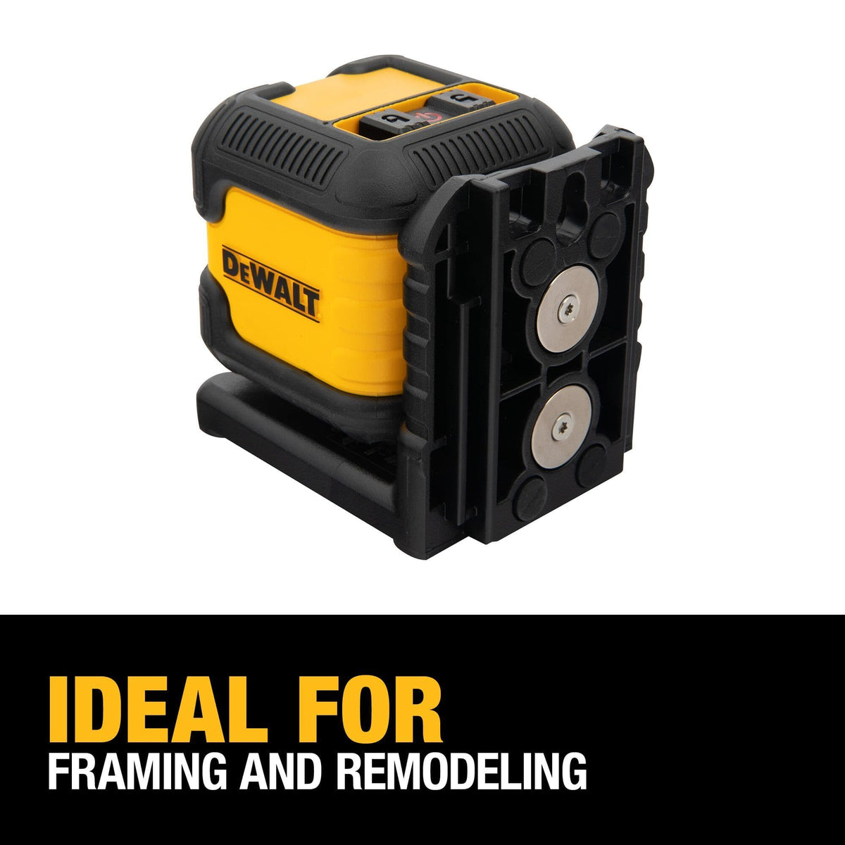Rear angled view of the DEWALT DW08802 laser level emphasizing the powerful magnets and the hang hole on the integrated bracket for versatile mounting during framing and remodeling tasks.