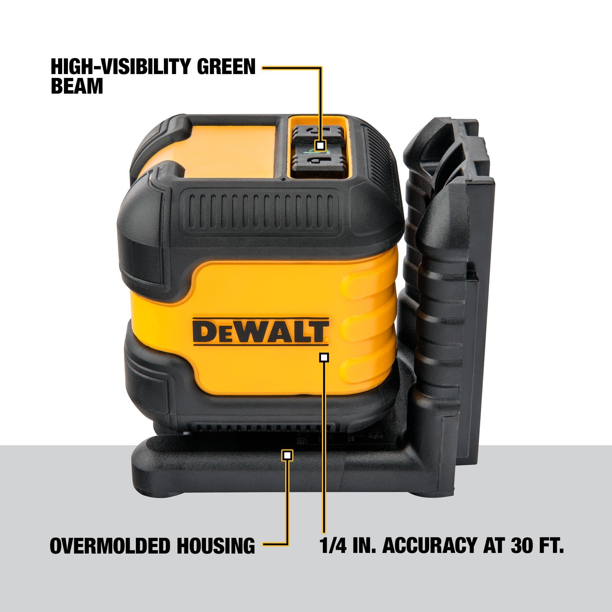 Infographic of the DEWALT DW08802 Red Beam Laser with labels highlighting key professional features: High-Visibility Beam, 1/4 inch accuracy at 30 feet, and a rugged Overmolded Housing.