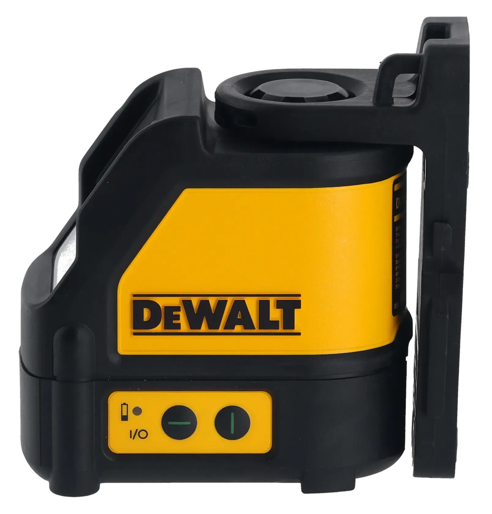 Side profile of the DEWALT DW088CG green cross line laser level featuring the high-visibility yellow and black overmolded housing and an integrated pivot bracket for wall mounting.