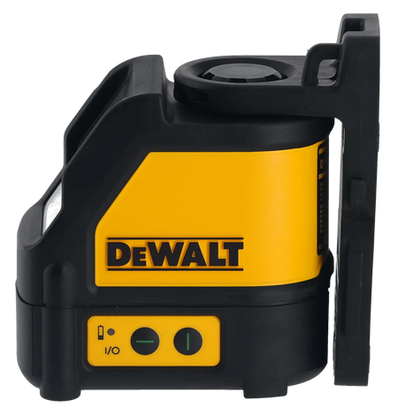 Side profile of the DEWALT DW088CG green cross line laser level featuring the high-visibility yellow and black overmolded housing and an integrated pivot bracket for wall mounting.