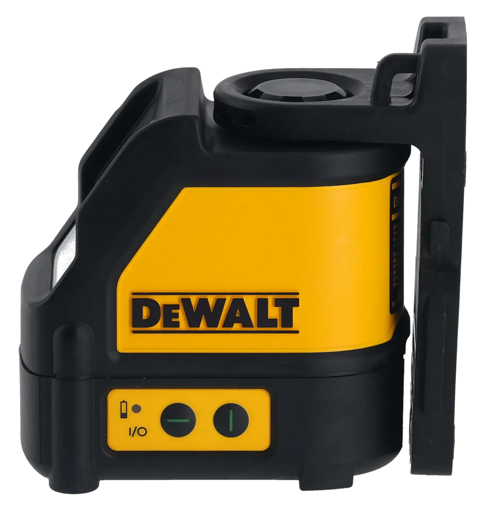 Side profile of the DEWALT DW088CG green cross line laser level featuring the high-visibility yellow and black overmolded housing and an integrated pivot bracket for wall mounting.