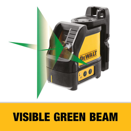 Top-down perspective of the DEWALT line laser level showing the high-visibility yellow and black casing, the laser output windows, and the ergonomic design built for industrial layout applications.