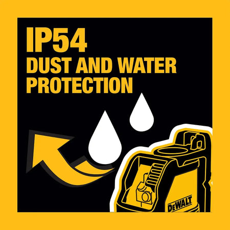 Marketing illustration highlighting the durable, water-resistant, and debris-resistant design of the DEWALT DW088CG, featuring a detailed cross-section view of the protective overmolded housing and internal components.