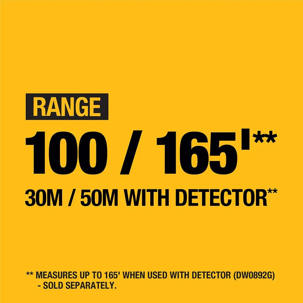 Technical graphic for the DEWALT DW088CG listing the working range of 100 feet and an extended range of 165 feet when paired with a DW0892G laser detector.