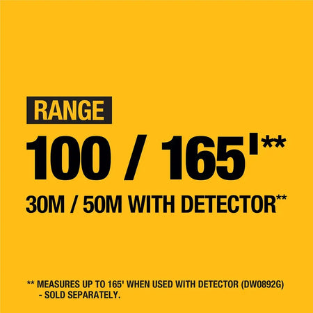 Technical graphic for the DEWALT DW088CG listing the working range of 100 feet and an extended range of 165 feet when paired with a DW0892G laser detector.