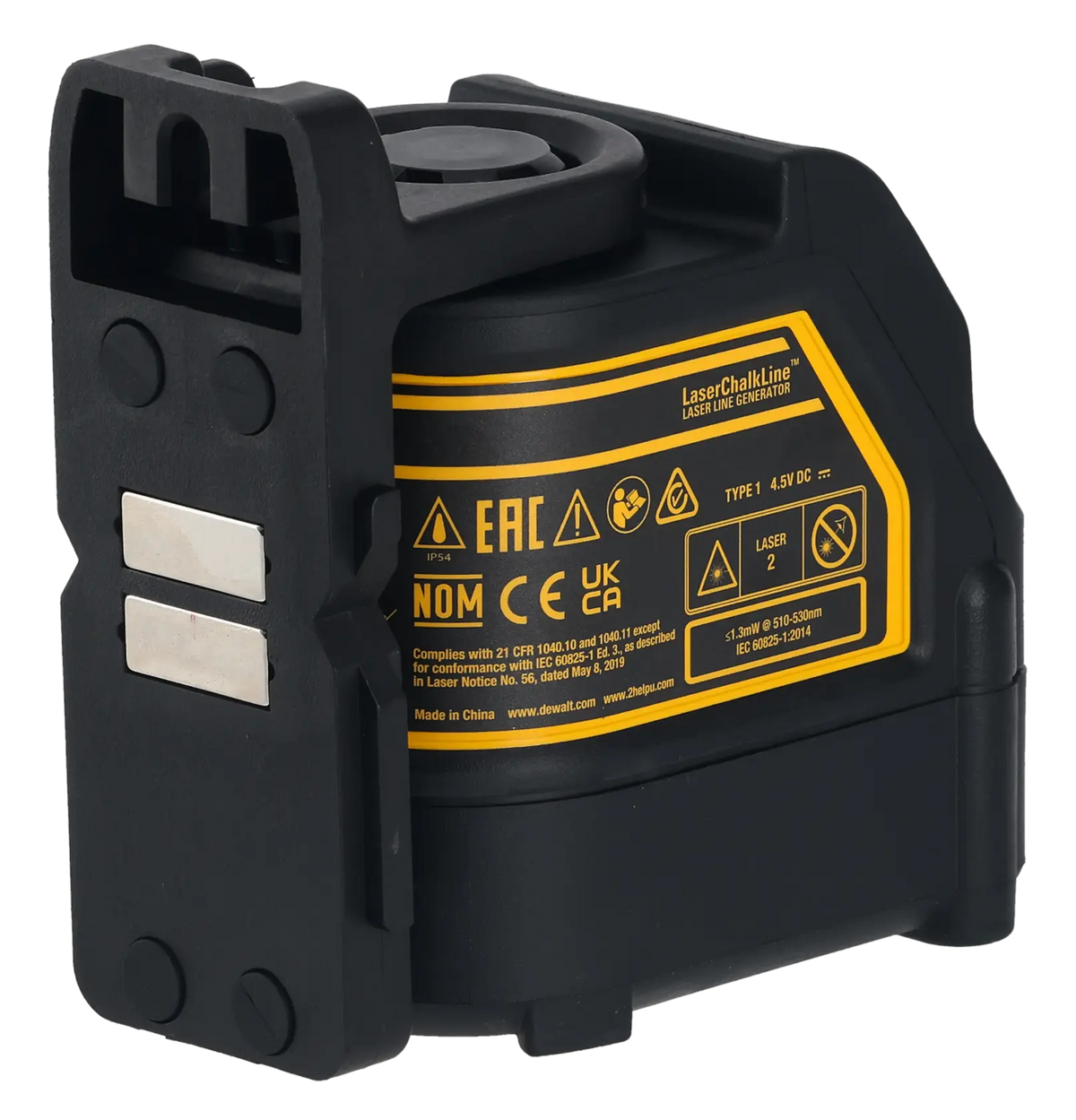 Rear view of the DEWALT line laser showcasing industrial compliance labels and the integrated magnetic pivot bracket designed for flush attachment to metal tracks and steel.