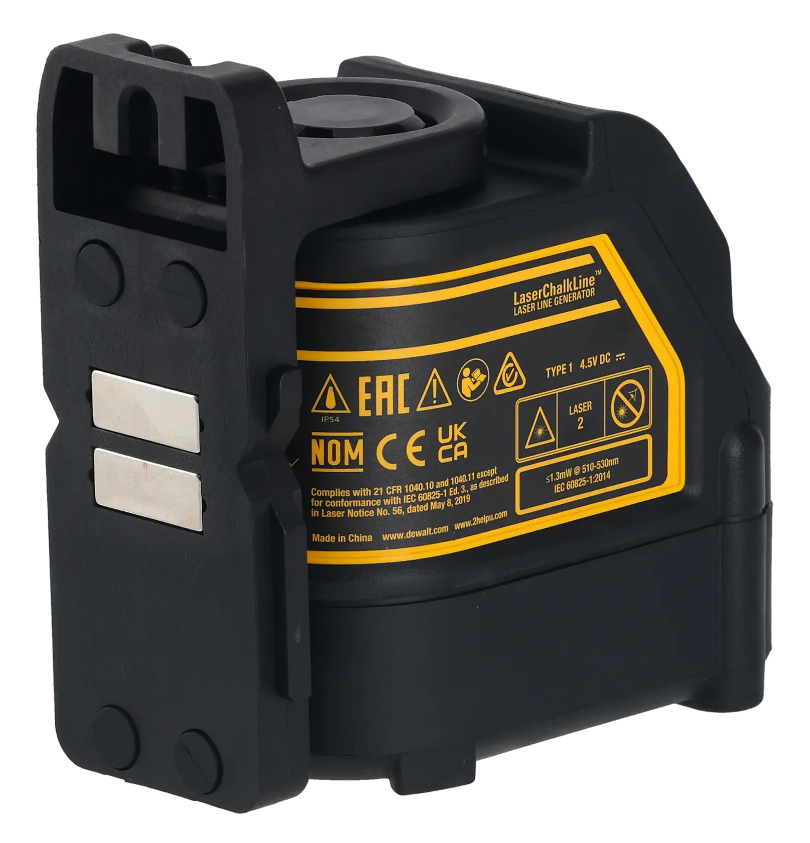 Rear view of the DEWALT line laser showcasing industrial compliance labels and the integrated magnetic pivot bracket designed for flush attachment to metal tracks and steel.