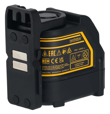 Rear view of the DEWALT line laser showcasing industrial compliance labels and the integrated magnetic pivot bracket designed for flush attachment to metal tracks and steel.