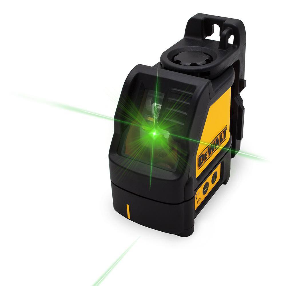 Action shot of the DEWALT DW088CG projecting bright crossing green horizontal and vertical laser lines, demonstrating superior visibility for indoor leveling tasks.