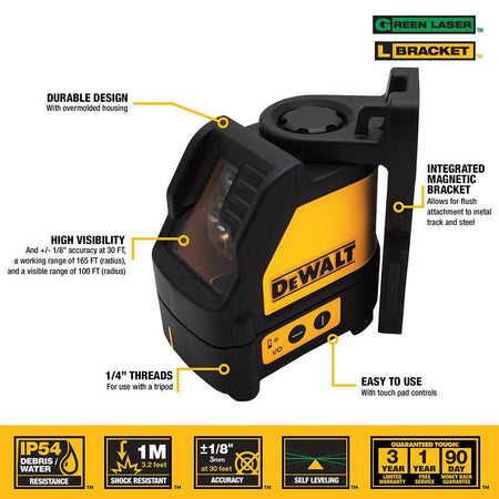 Annotated product graphic for the DEWALT DW088CG identifying key features including the 1/4-inch tripod threads, IP54 debris and water resistance, and 1-meter shock resistance.
