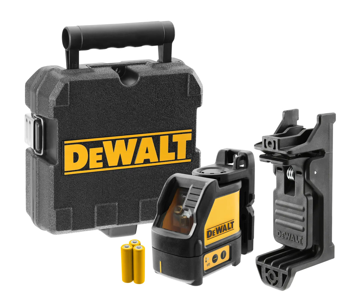 A studio product shot of the DEWALT DW088K red cross-line laser level kit. The image showcases the compact self-leveling laser unit, a heavy-duty magnetic pivot bracket, three AA alkaline batteries, and a rugged black hard-shell carrying case for professional site protection.