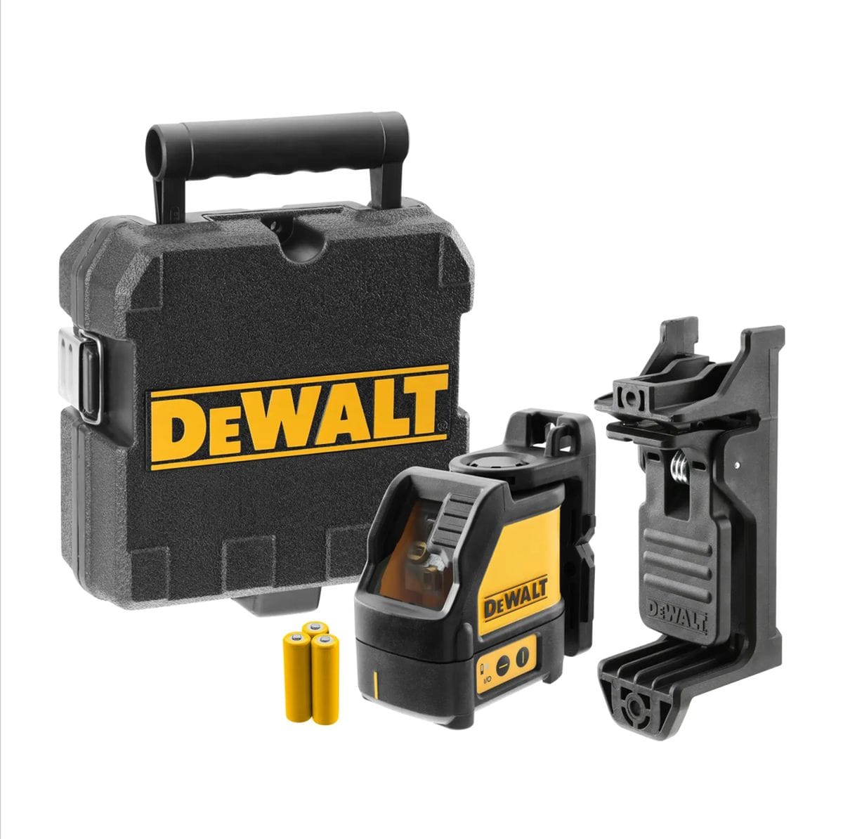 A studio product shot of the DEWALT DW088K red cross-line laser level kit. The image showcases the compact self-leveling laser unit, a heavy-duty magnetic pivot bracket, three AA alkaline batteries, and a rugged black hard-shell carrying case for professional site protection.