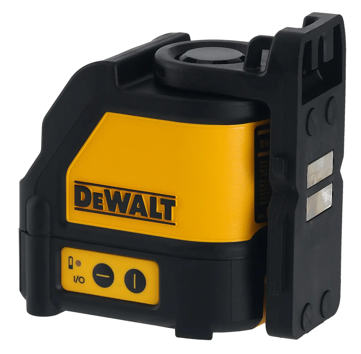 A side studio view of the DEWALT DW088K laser level. The image highlights the yellow and black over-molded housing, the side-mounted control panel with battery indicator, and the rear magnetic pivot base designed for easy attachment to steel studs and metallic surfaces.