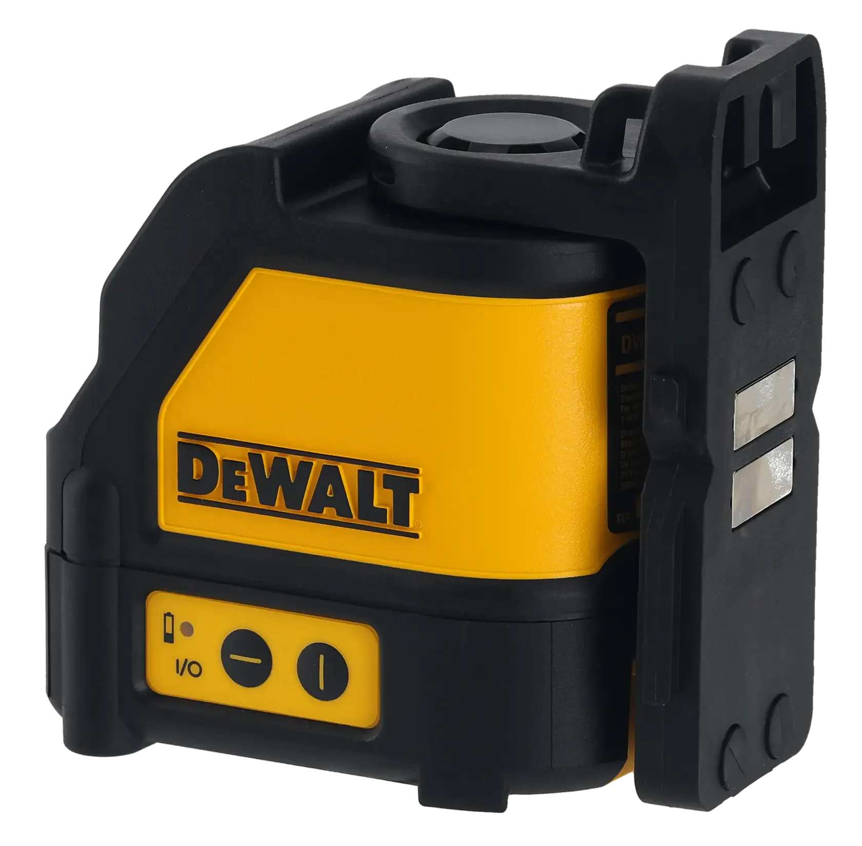A side studio view of the DEWALT DW088K laser level. The image highlights the yellow and black over-molded housing, the side-mounted control panel with battery indicator, and the rear magnetic pivot base designed for easy attachment to steel studs and metallic surfaces.