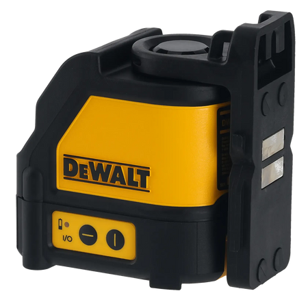 A side studio view of the DEWALT DW088K laser level. The image highlights the yellow and black over-molded housing, the side-mounted control panel with battery indicator, and the rear magnetic pivot base designed for easy attachment to steel studs and metallic surfaces.