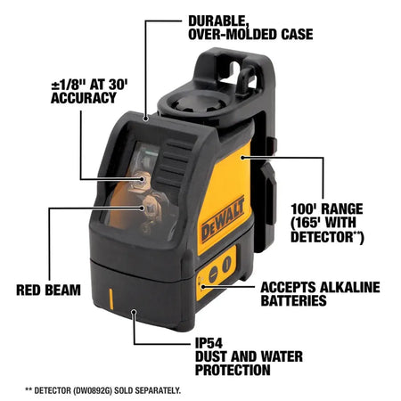 An annotated marketing diagram of the DEWALT cross-line laser. Callouts detail key professional features including the plus or minus 1/8-inch accuracy at 30 feet, a 100-foot visible range (extendable to 165 feet with a detector), IP54 dust and water protection, and the durable over-molded case.
