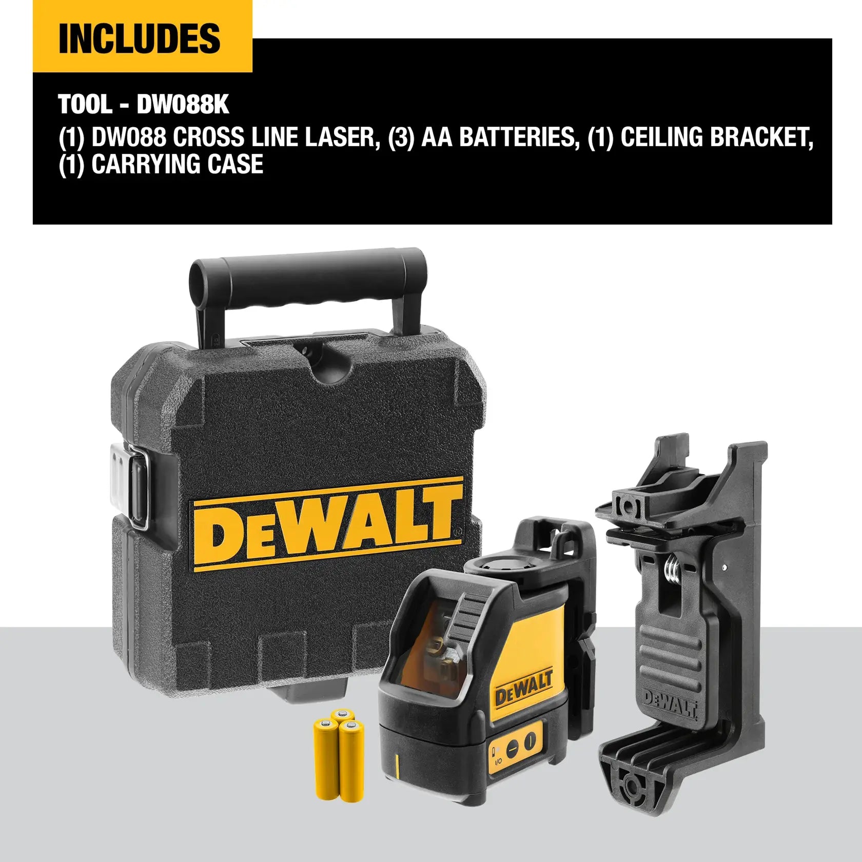 A marketing graphic displaying the contents of the DW088K kit. Text at the top confirms the includes list: one DW088 cross-line laser, three AA batteries, one ceiling bracket for drop-ceiling grids, and a heavy-duty carrying case.