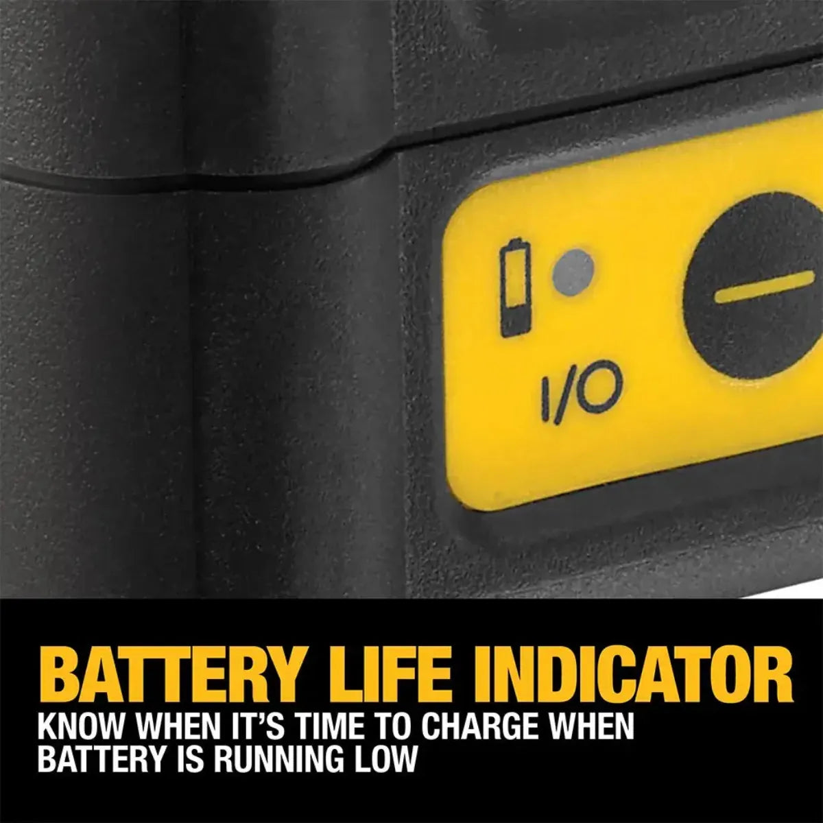 A detailed close-up of the DEWALT laser level control panel. The image focuses on the high-visibility battery life indicator light and the dedicated vertical and horizontal line buttons, allowing users to know exactly when to change batteries during a layout project.