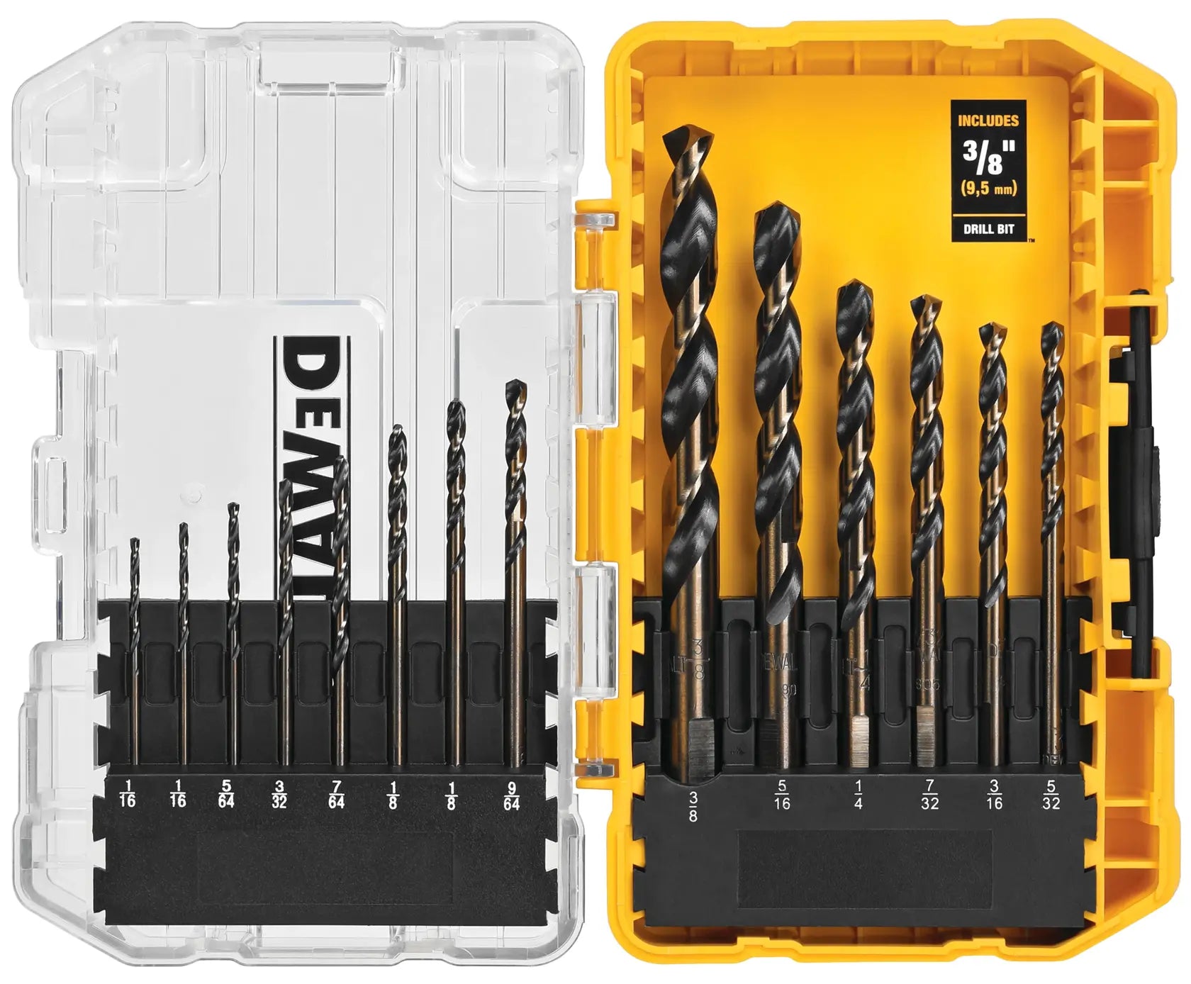 Professional 14 piece DEWALT black oxide drill bit set for metal, wood, and plastic, organized in a protective storage case with sizes labeled from 1/16 inch to 3/8 inch.