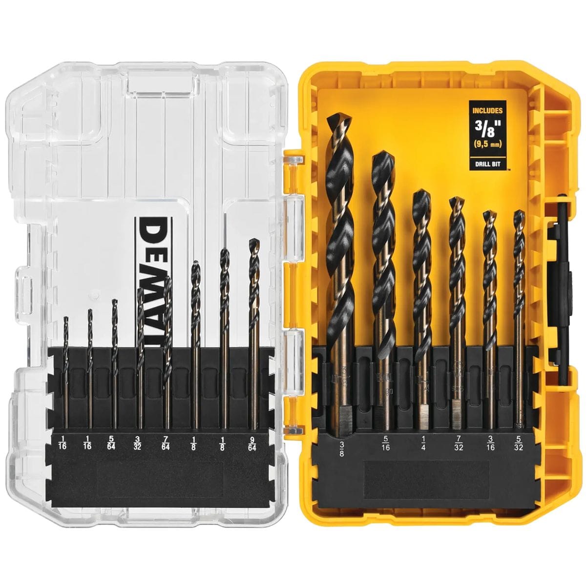 DEWALT DW1162 14 piece black oxide drill bit set in an open yellow Tough Case, displaying a range of bit sizes with 135 degree split points and no spin shanks.