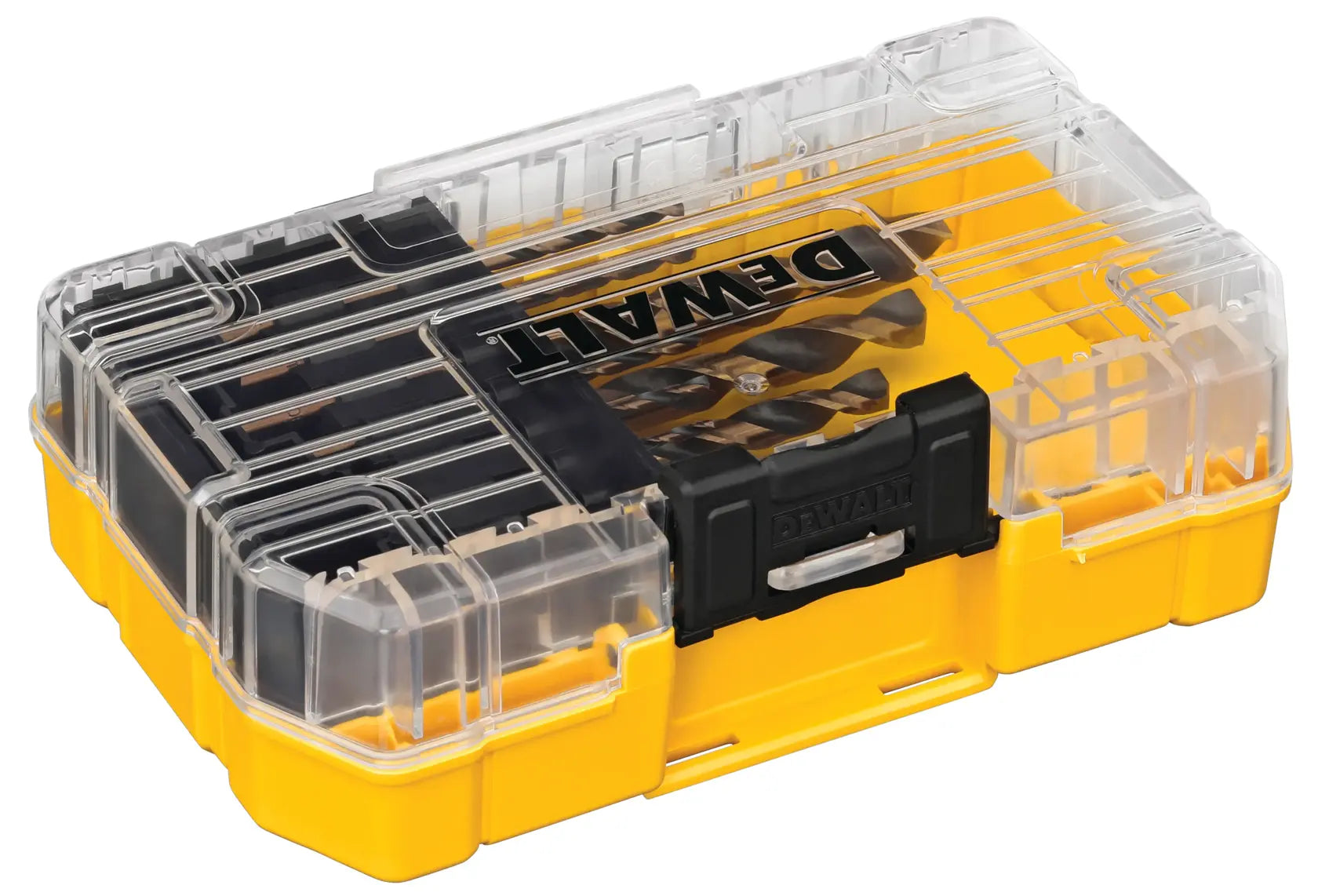 Closed view of the DEWALT Tough Case storage system containing the 14 piece black oxide drill bit set, featuring a clear lid and heavy-duty locking latch.